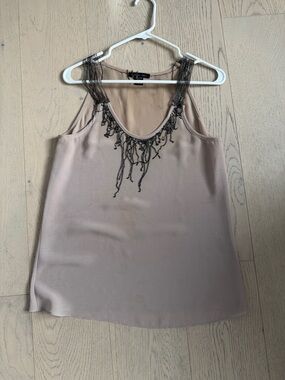 Sleeveless Beaded Neckline Tank Top - Taupe